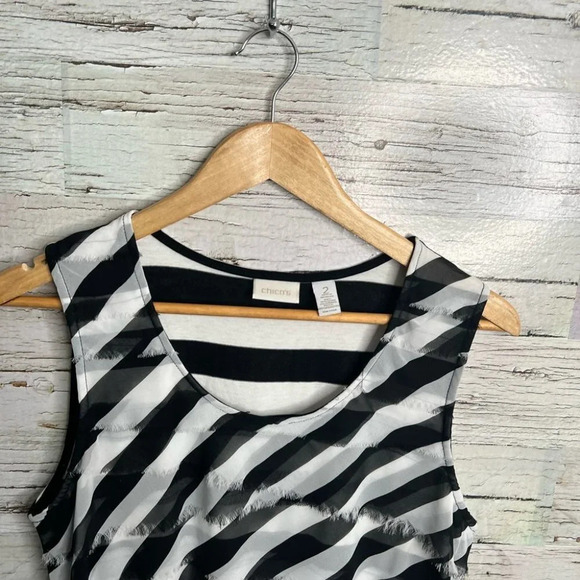 Chicos size 2 black white striped tank top blouse  ruffle size large - Picture 3 of 9